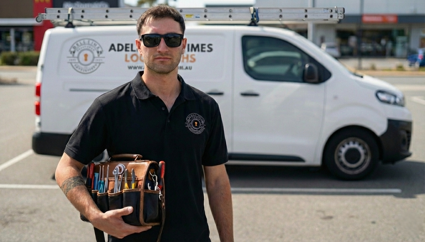Professional mobile locksmith from Adelaide All Times Locksmiths standing in front of a fully equipped service van with a ladder, ready for emergency callouts